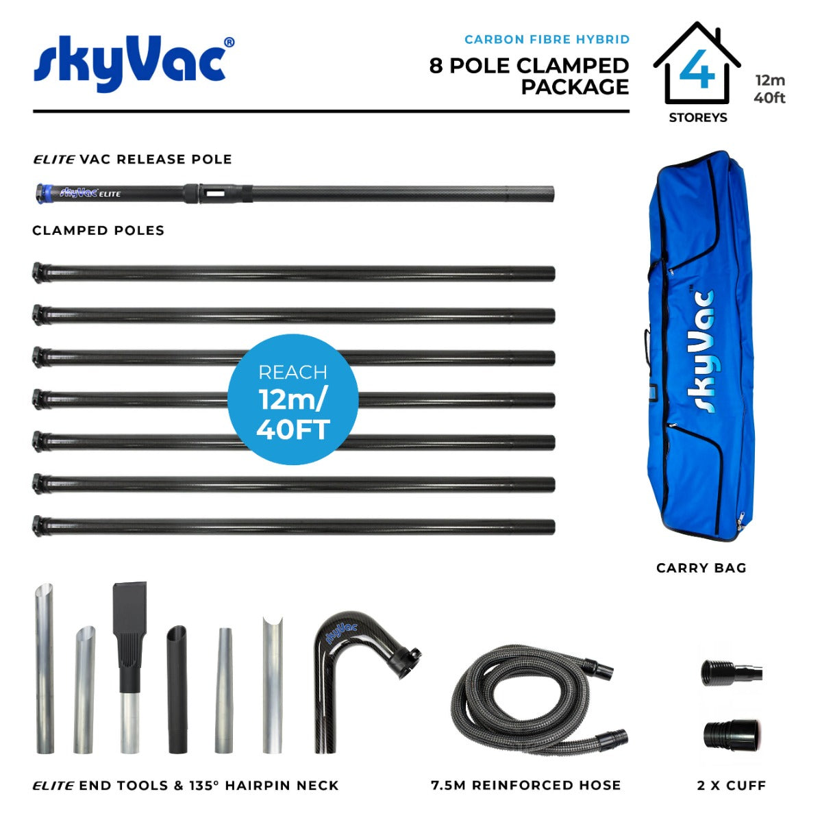 SkyVac®️ Hybrid Clamped Pole Set with Hose, Neck & End Tools (You Choose)