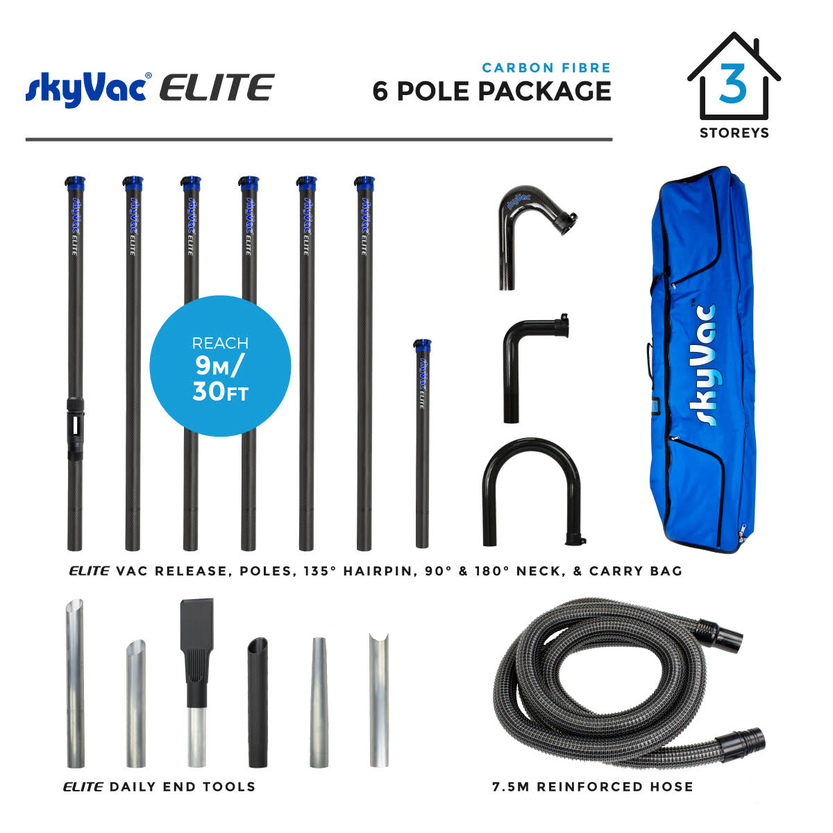 Bâtons en fibre de carbone SkyVac® Elite avec tuyau, col et outils d'extrémité (au choix)